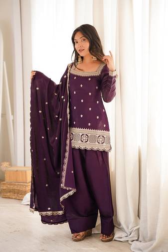 Designer wine embroidered kurti farshi pant set with scalloped dupatta