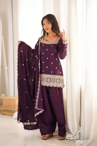 Designer wine embroidered kurti farshi pant set with scalloped dupatta