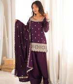 Designer wine embroidered kurti farshi pant set with scalloped dupatta