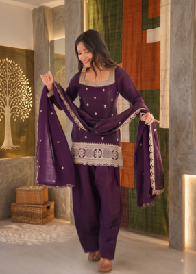 Designer wine embroidered kurti farshi pant set with scalloped dupatta 2
