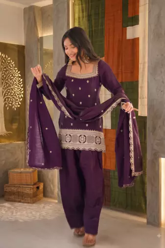 Designer wine embroidered kurti farshi pant set with scalloped dupatta