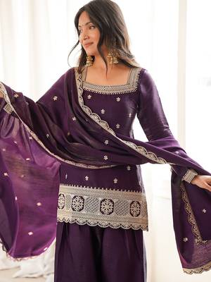 Designer wine embroidered kurti farshi pant set with scalloped dupatta 2