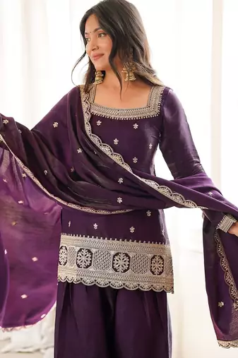 Designer wine embroidered kurti farshi pant set with scalloped dupatta