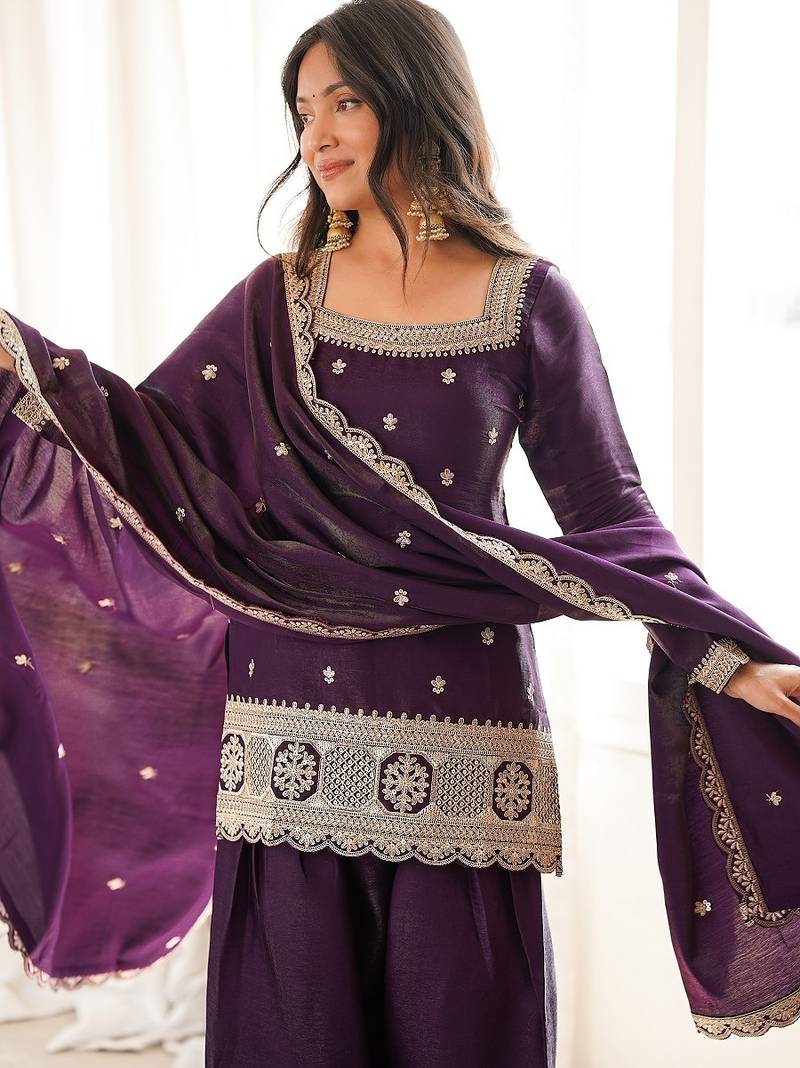 Designer wine embroidered kurti farshi pant set with scalloped dupatta