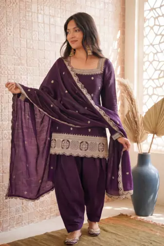Designer wine embroidered kurti farshi pant set with scalloped dupatta