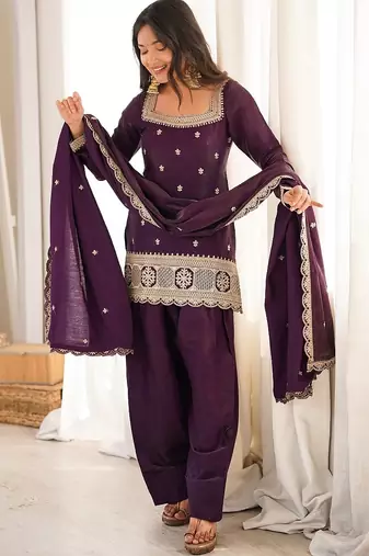 Designer wine embroidered kurti farshi pant set with scalloped dupatta