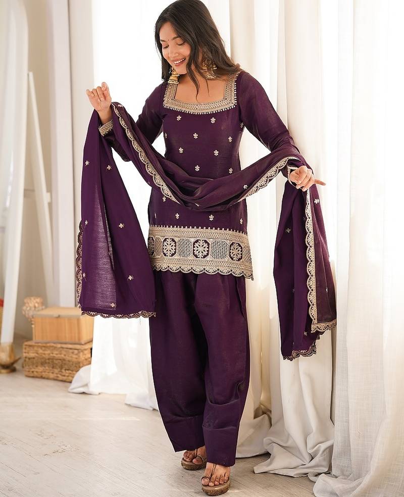 Designer wine embroidered kurti farshi pant set with scalloped dupatta