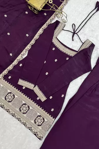 Designer wine embroidered kurti farshi pant set with scalloped dupatta