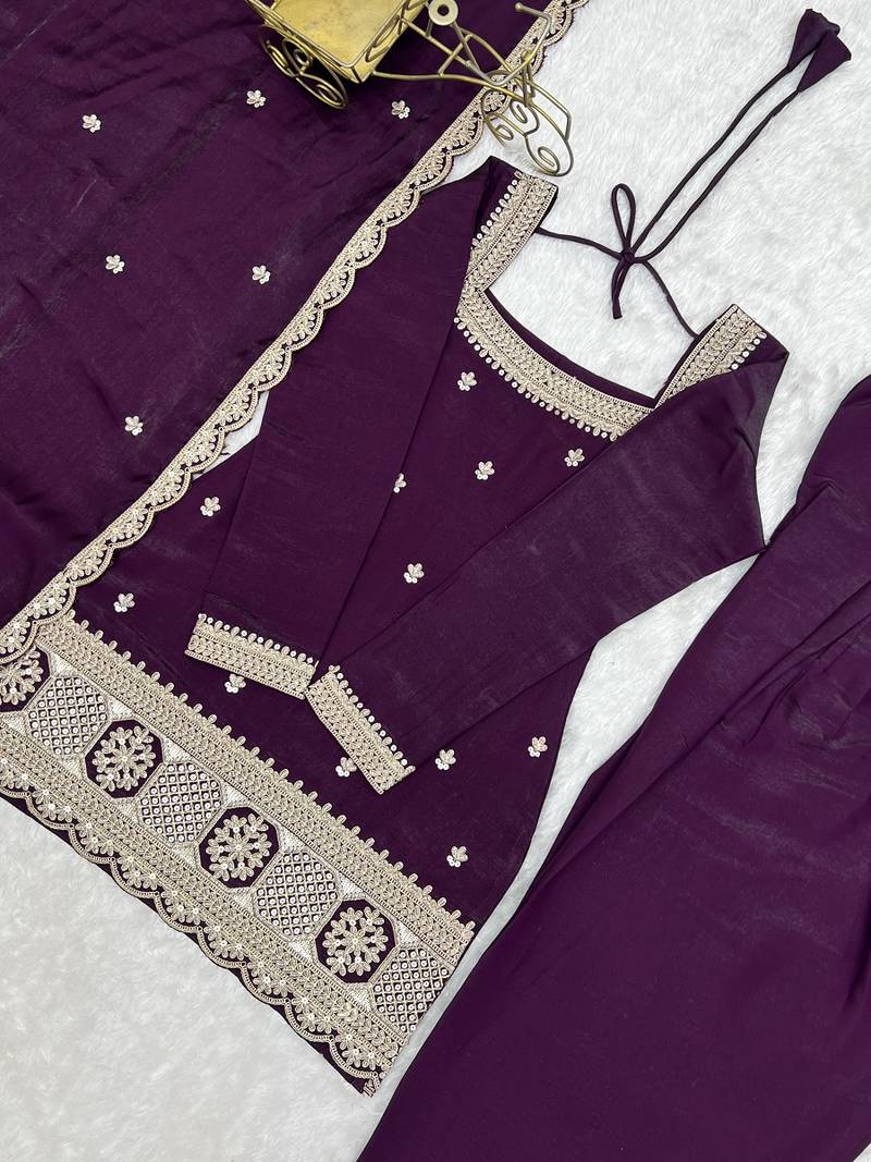Designer wine embroidered kurti farshi pant set with scalloped dupatta
