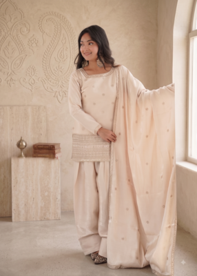 Designer cream ethnic kurti set with farshi pant & border dupatta 1