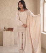 Designer cream ethnic kurti set with farshi pant & border dupatta