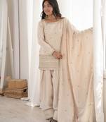 Designer cream ethnic kurti set with farshi pant & border dupatta