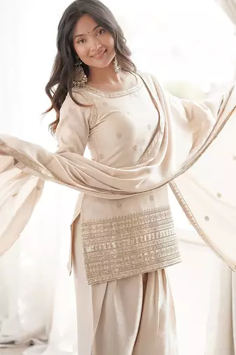 Designer cream ethnic kurti set with farshi pant & border dupatta