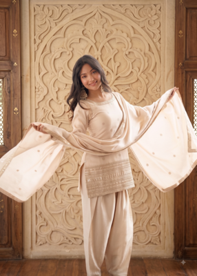 Designer cream ethnic kurti set with farshi pant & border dupatta 3