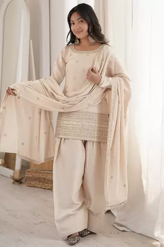 Designer cream ethnic kurti set with farshi pant & border dupatta