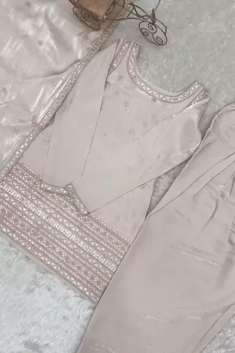 Designer cream ethnic kurti set with farshi pant & border dupatta