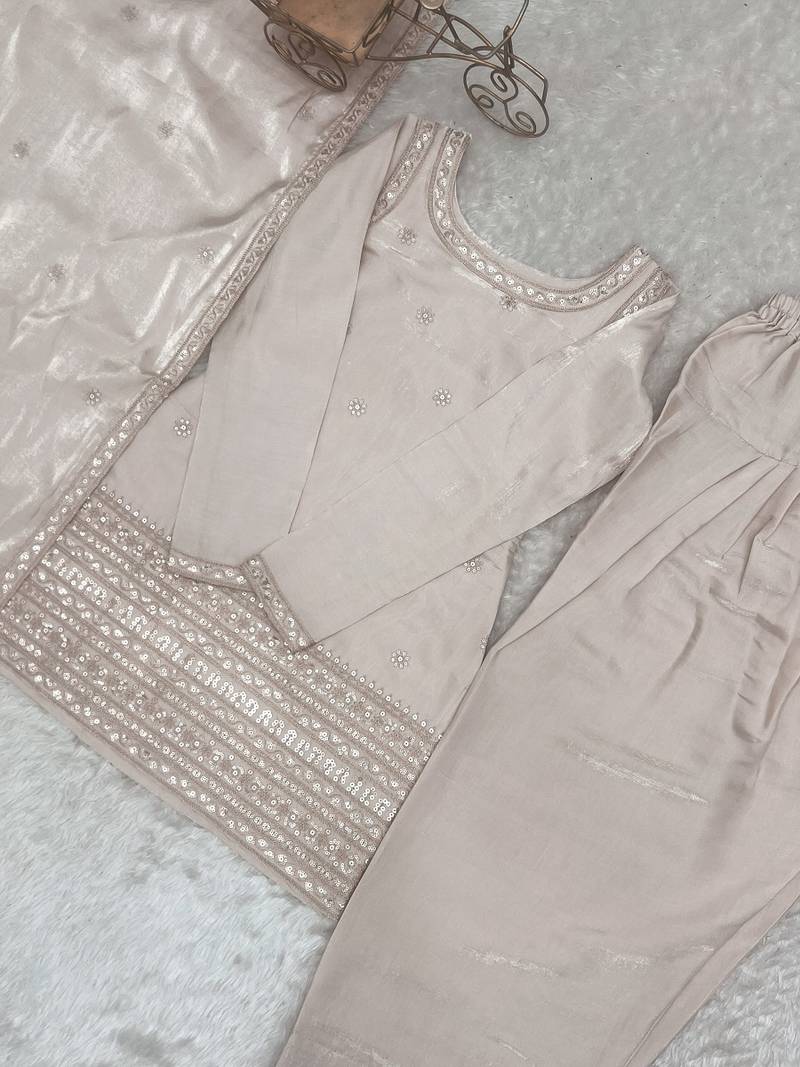Designer cream ethnic kurti set with farshi pant & border dupatta