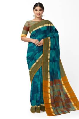 teal blue pure cotton blend saree with olive border 1