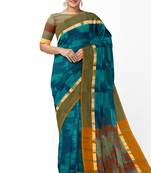 teal blue pure cotton blend saree with olive border