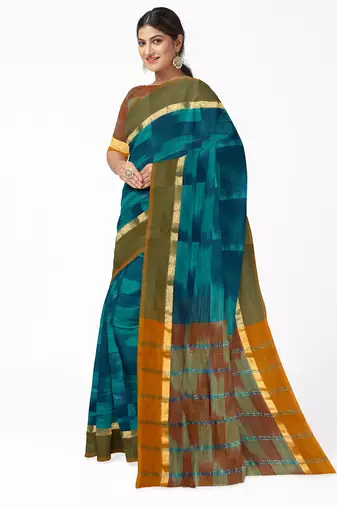 teal blue pure cotton blend saree with olive border
