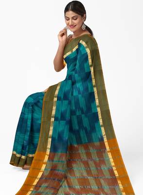 teal blue pure cotton blend saree with olive border 3
