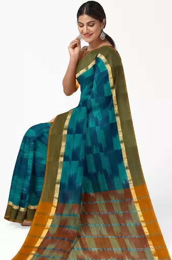 teal blue pure cotton blend saree with olive border