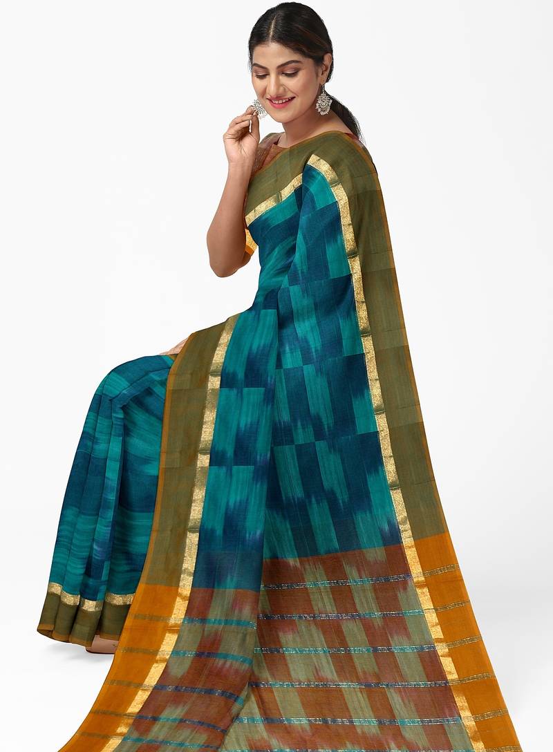 teal blue pure cotton blend saree with olive border