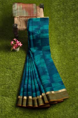 teal blue pure cotton blend saree with olive border 4