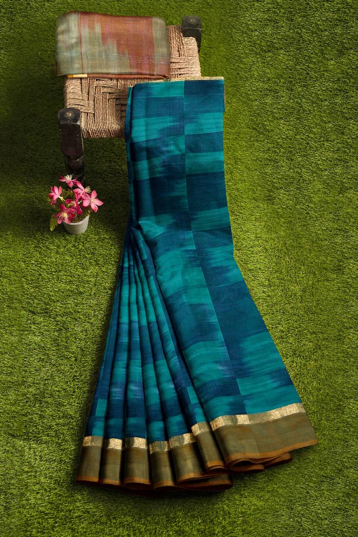 teal blue pure cotton blend saree with olive border