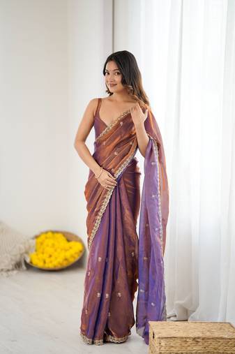 Copper festive trendy satin saree with two tone sequence embroidery