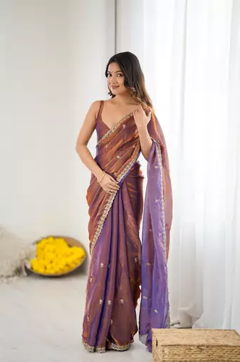 Copper festive trendy satin saree with two tone sequence embroidery