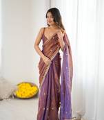 Copper festive trendy satin saree with two tone sequence embroidery