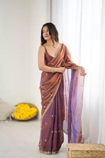 Copper festive trendy satin saree with two tone sequence embroidery