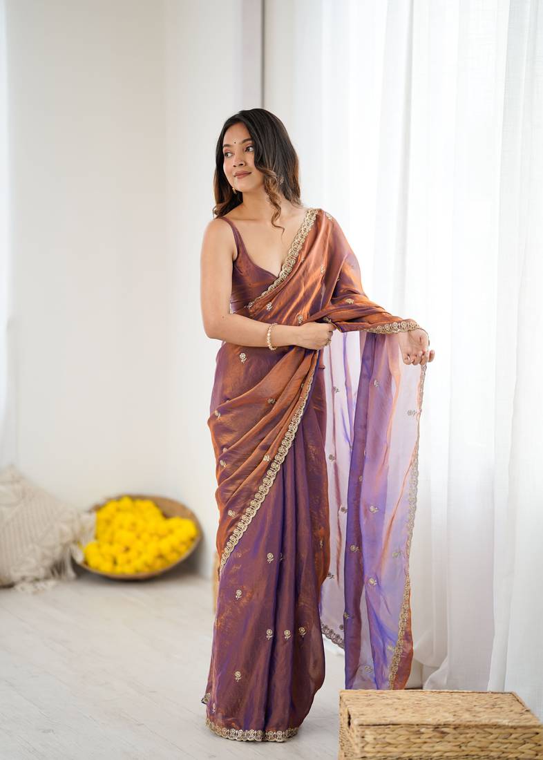 Copper festive trendy satin saree with two tone sequence embroidery