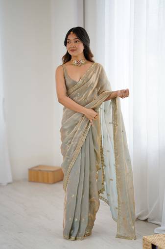 Grey festive trendy satin saree with two tone sequence embroidery