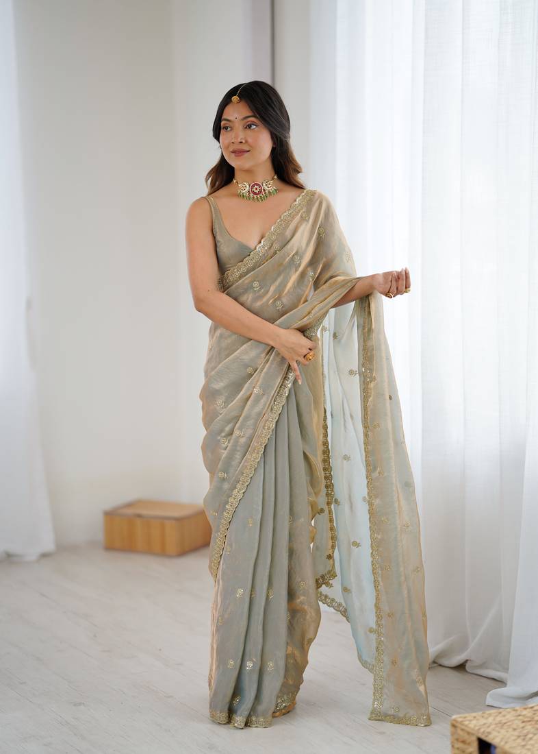 Grey festive trendy satin saree with two tone sequence embroidery