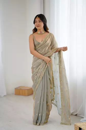 Grey festive trendy satin saree with two tone sequence embroidery