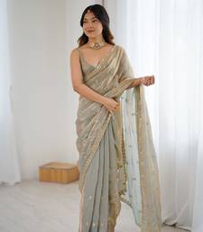 Grey festive trendy satin saree with two tone sequence embroidery