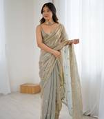 Grey festive trendy satin saree with two tone sequence embroidery