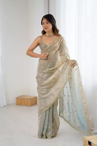 Grey festive trendy satin saree with two tone sequence embroidery