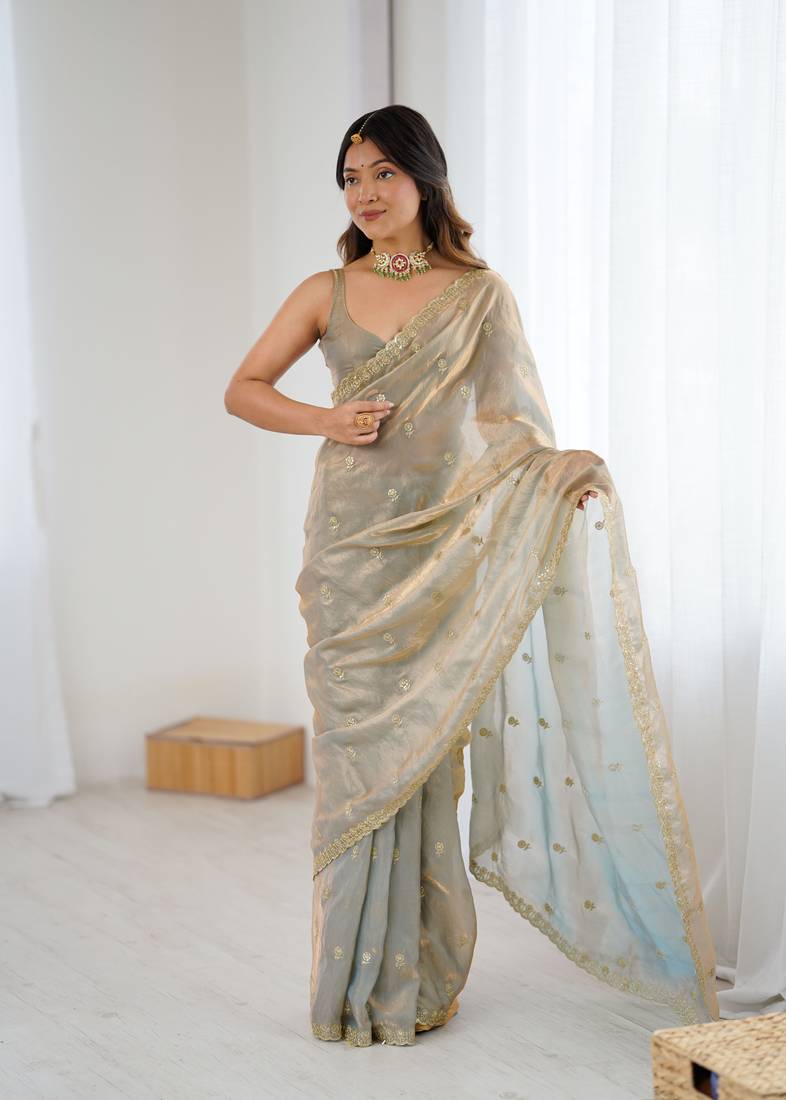 Grey festive trendy satin saree with two tone sequence embroidery