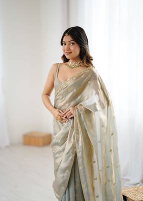 Grey festive trendy satin saree with two tone sequence embroidery 3