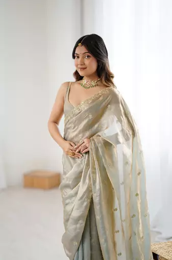 Grey festive trendy satin saree with two tone sequence embroidery