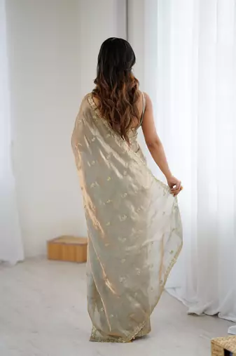 Grey festive trendy satin saree with two tone sequence embroidery
