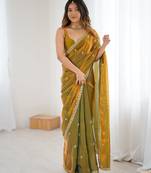 Olive festive trendy satin saree with two tone sequence embroidery