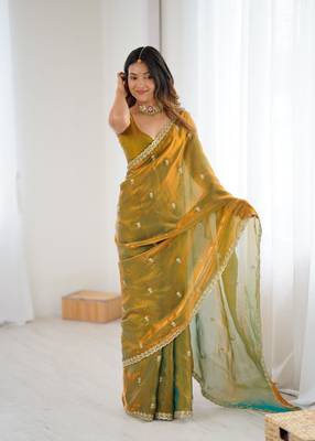 Olive festive trendy satin saree with two tone sequence embroidery 2