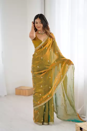 Olive festive trendy satin saree with two tone sequence embroidery