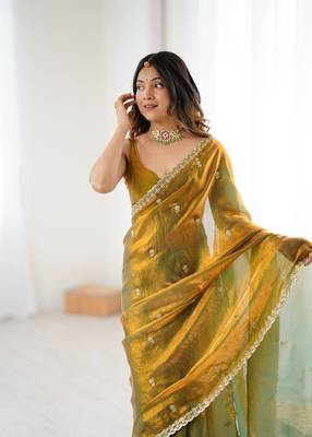 Olive festive trendy satin saree with two tone sequence embroidery 3
