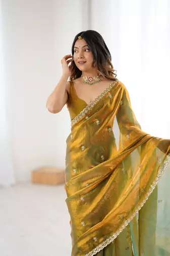 Olive festive trendy satin saree with two tone sequence embroidery