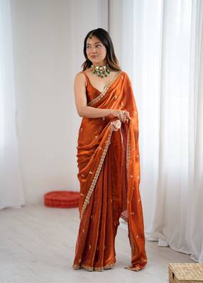 Orange festive trendy satin saree with two tone sequence embroidery 1